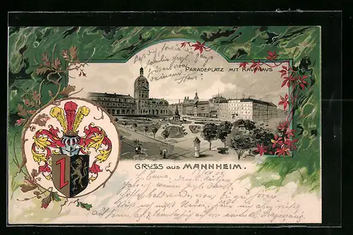 Passepartout-Lithographie Mannheim, Paradeplatz mit Rathaus und Wappen