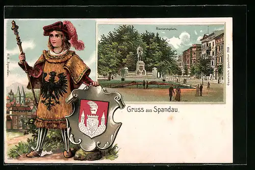 Passepartout-Lithographie Berlin-Spandau, Bismarckplatz mit Wappen