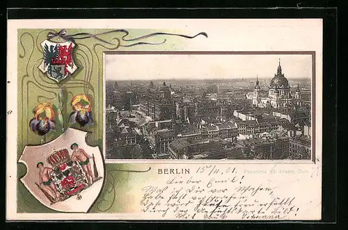 Passepartout-Lithographie Berlin, Panorama mit neuem Dom und Wappen