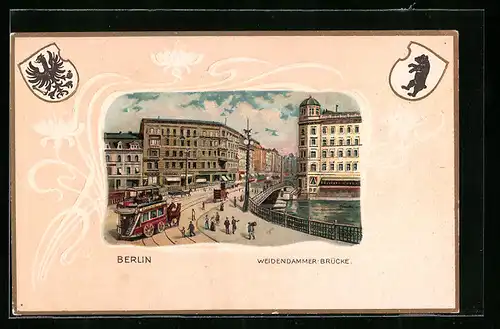 Passepartout-Lithographie Berlin, Weidendammer Brücke mit Wappen