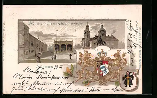 Passepartout-Lithographie München, Feldherrenhalle mit Theatinerkirche und Wappen