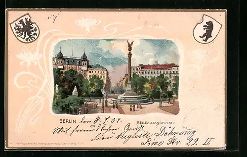 Passepartout-Lithographie Berlin, Belleallianceplatz und Wappen