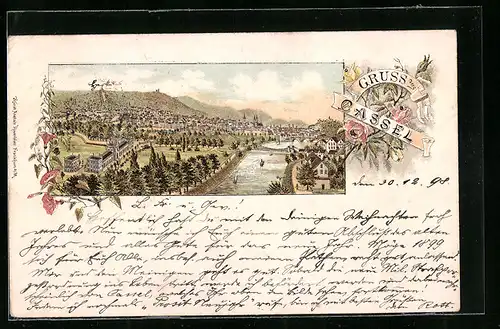 Lithographie Cassel, Ortsansicht über den Fluss
