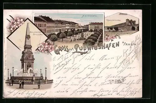 Lithographie Ludwigshafen, Marktplatz, Rheinbrücke und Monumental-Brunnen