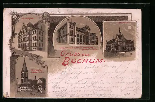 Lithographie Bochum, Kgl. Landgericht und Alter Markt mit Probstei-Kirche