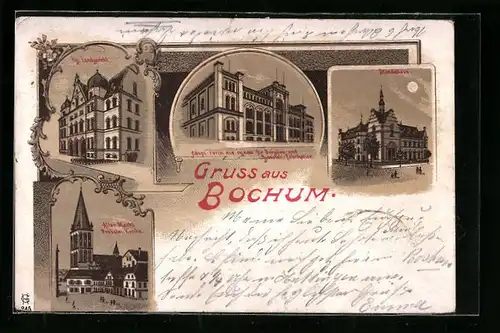 Lithographie Bochum, Ständehaus, Kgl. Landgericht, Alter Markt