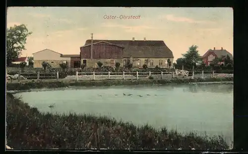 AK Oster-Ohrstedt, Partie am Teich mit Bauernhaus