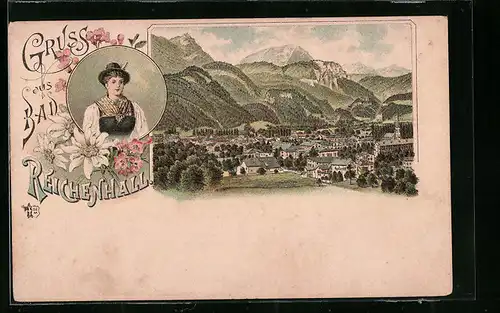 Lithographie Bad Reichenhall, Ortsansicht und Porträt einer jungen Frau in Tracht