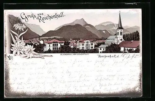 Vorläufer-Lithographie Bad Reichenhall, 1895, Der Ort vom Gradirhaus aus gesehen