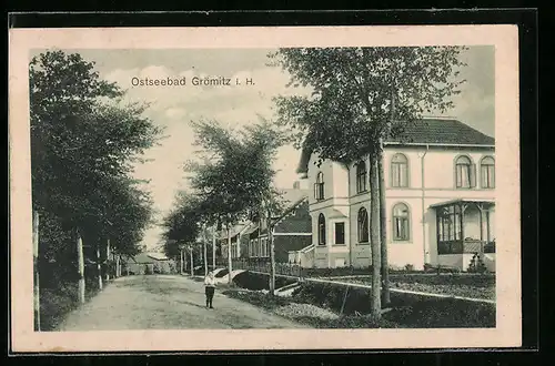 AK Grömitz i. H., Strassenpartie mit Alleebäumen