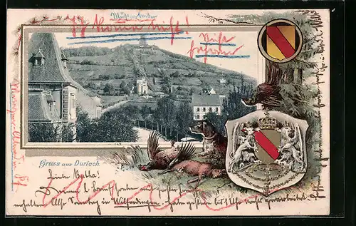 Passepartout-Lithographie Durlach, Ortsansicht mit Wappen und Jagdhunden