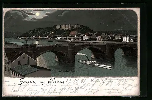 Mondschein-Lithographie Pirna, Flusspartie mit Brücke und Dampfer