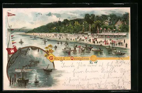 Lithographie Hamburg-Övelgönne, Strandpartie und Flusspartie