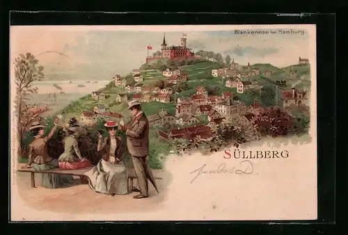 Künstler-AK Blankenese bei Hamburg, Spaziergänger auf dem Süllberg