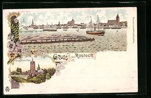 Lithographie Rostock, Kroepeliner Thor und Flusspartie