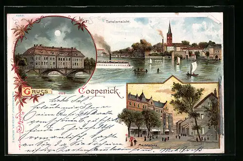 Lithographie Berlin-Kreuzberg, Totalansicht und Marktplatz