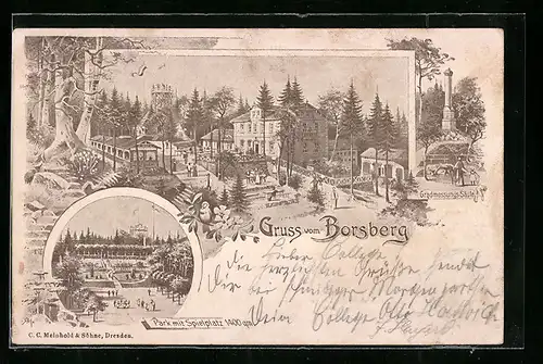 Lithographie Dresden-Pillnitz, Gasthof Borsberg, Gradmessungs-Säule