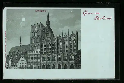 Mondschein-Lithographie Stralsund, Partie vom Rathhaus