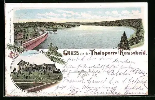 Lithographie Remscheid, Talsperre, Gasthaus mit Umgebung