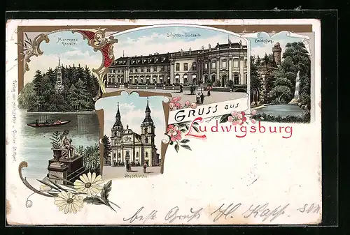 Lithographie Ludwigsburg, Schloss-Südseite, Stadtkirche, Emichsburg, Monrepos-Kapelle