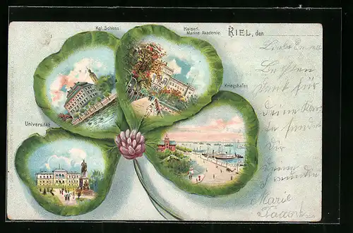 Passepartout-Lithographie Kiel, Kaiserl. Marine-Akademie, Kgl. Schloss, Universität, Kleeblatt