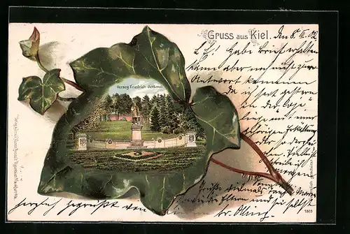 Passepartout-Lithographie Kiel, Herzog Friedrich Denkmal im Efeublatt