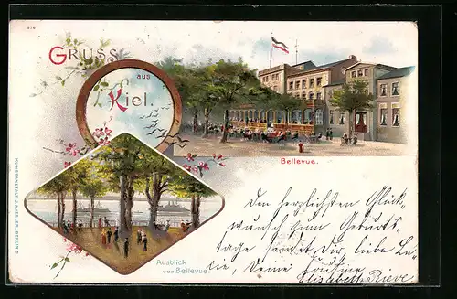 Lithographie Kiel, Gasthof Bellevue, Blick auf die Förde