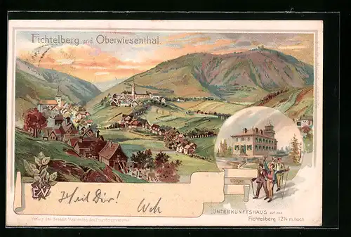 Lithographie Oberwiesenthal, Unterkunftshaus auf dem Fichtelberg, Panorama
