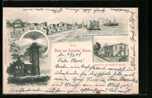 Lithographie Dahme /Ostsee, Hotel-Pensionat zur Linde, Strandpartie und Leuchtturm