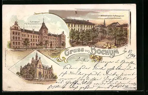 Lithographie Bochum, Gymnasium mit Bismarckdenkmal, Wilhelmsplatz mit Amtsgericht und Ständehaus