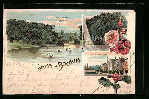 Lithographie Bochum, Partie aus dem Stadtpark, Kaiser-Wilhelm-Strasse