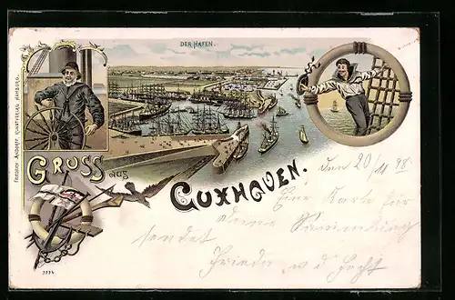 Lithographie Cuxhaven, Der Hafen aus der Vogelschau