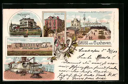 Lithographie Cuxhaven, Hotel Continental, Badehaus Döse, Matrosen-Artillerie-Kaserne, Telegraphenamt und Zeitball