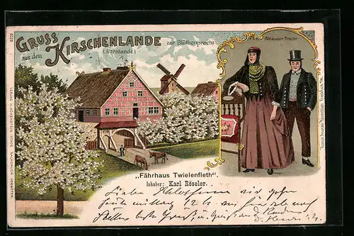 Lithographie Jork, Gasthof Fährhaus Twielenfleth von Karl Röseler im Kirschenlande, Ehepaar in Altländer Trachten
