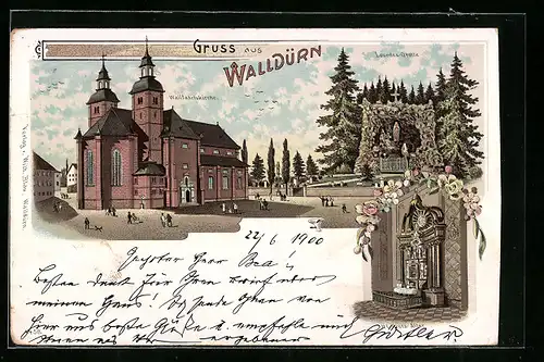 Lithographie Walldürn, Wallfahrtskirche mit Hl. Blutsaltar und Lourdes-Grotte