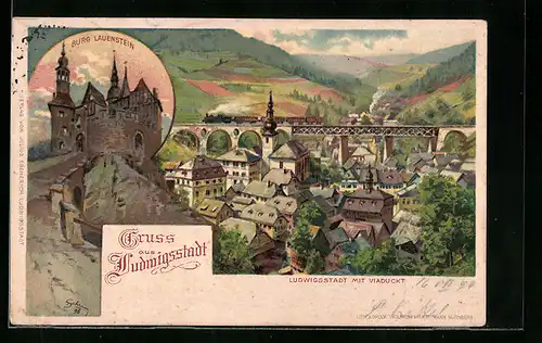 Künstler-AK Ludwigsstadt, Burg Lauenstein, Panorama mit Viadukt