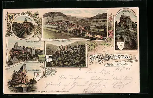 Lithographie Schönau, Gesamtansicht, Burgruinen Wegelnburg, Fleckenstein, Blumenstein, Wasigenstein und Hohenburg