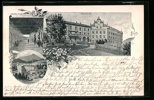 Lithographie Traunstein, Kurhotel Traunstein von der Südseite, Wandelbahn, Ansicht von Norden