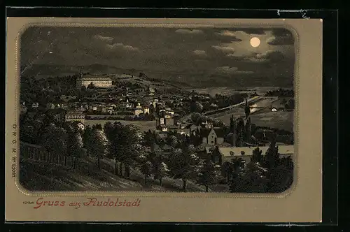 Lithographie Rudolstadt, Gesamtansicht aus der Vogelschau