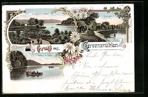Lithographie Gremsmühlen, Partie a. Diecksee, Partie a. d. Holm