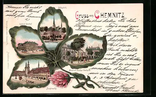 Passepartout-Lithographie Chemnitz, Central Bahnhof, Schlossteich, Börse mit Becker-Denkmal und Hauptmarkt
