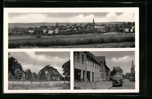 AK Laufersweiler, Totalansicht, Kriegerdenkmal mit Forsthaus und Strassenpartie