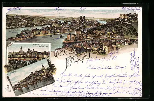 Lithographie Passau, Ansicht von der Donaubrücke, Innstadt und Panorama
