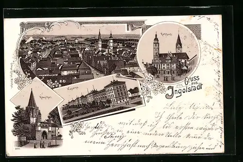 Lithographie Ingolstadt, Teilansicht, Strassenpartie am Krausthor, Kaserne und Rathaus
