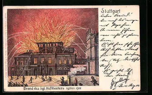 Lithographie Stuttgart, Brand des kgl. Hoftheaters 19 /20.01.1902