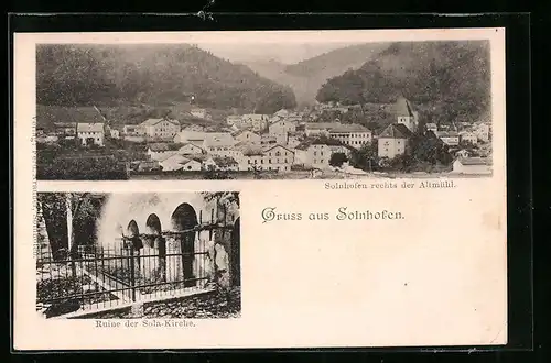 AK Solnhofen, Ruine der Sola-Kirche, Ortsansicht rechts der Altmühl