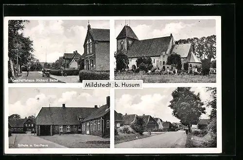 AK Mildstedt b. Husum, Geschäftshaus Richard Balke, Schule und Gasthaus