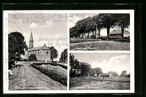 AK Hamburg-Ottensen, Kirche m. Kriegergedenkstein, Siedlung Seedorf, Siedlung Blomnath