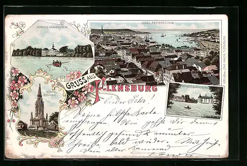 Lithographie Flensburg, Schloss Gravenstein, Düppel-Denkmal, Schloss Glücksburg