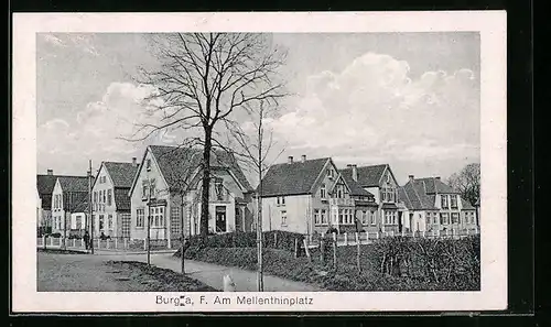 AK Burg a. F., Am Mellenthinplatz mit Mann